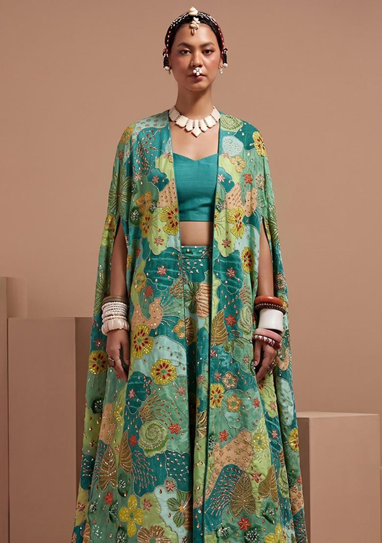 Teal Green Silk Blend Embroidered Lehenga Set - Indya