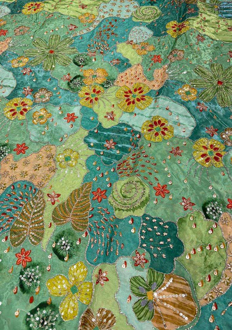Teal Green Silk Blend Embroidered Lehenga Set - Indya
