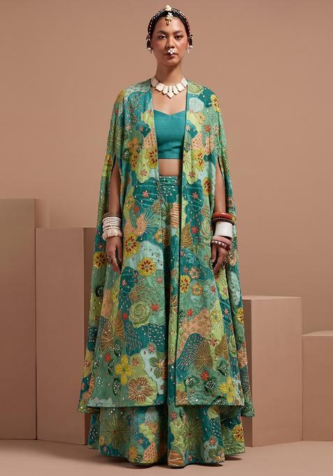 Teal Green Silk Blend Embroidered Lehenga Set
