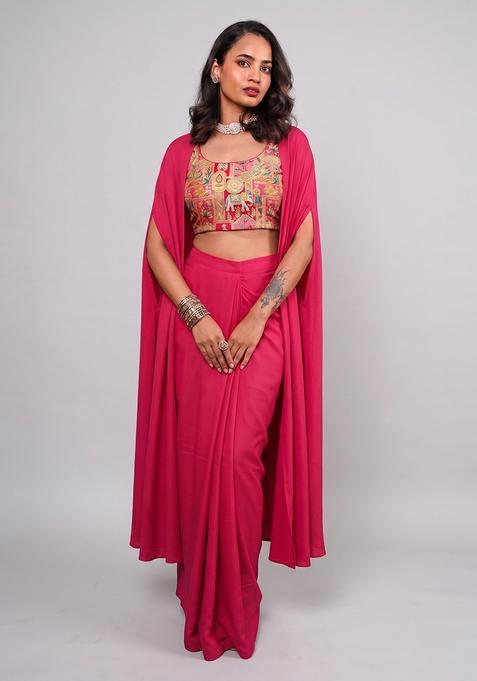 Rani Pink Silk Blend Printed Fusion Set