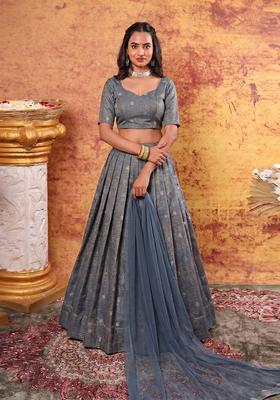Steel Blue Jacquard Brocade Lehenga Set