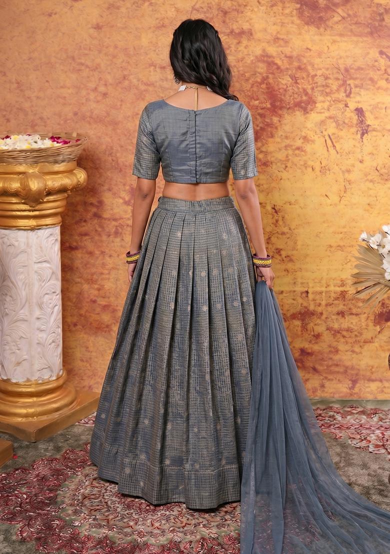 Steel Blue Jacquard Brocade Lehenga Set - Indya