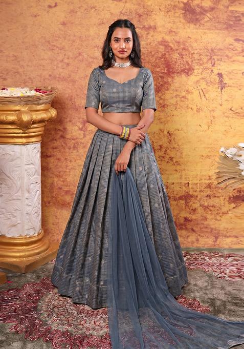 Steel Blue Jacquard Brocade Lehenga Set