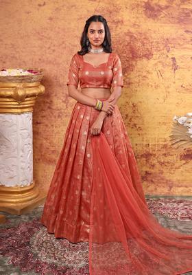 Coral Jacquard Brocade Lehenga Set