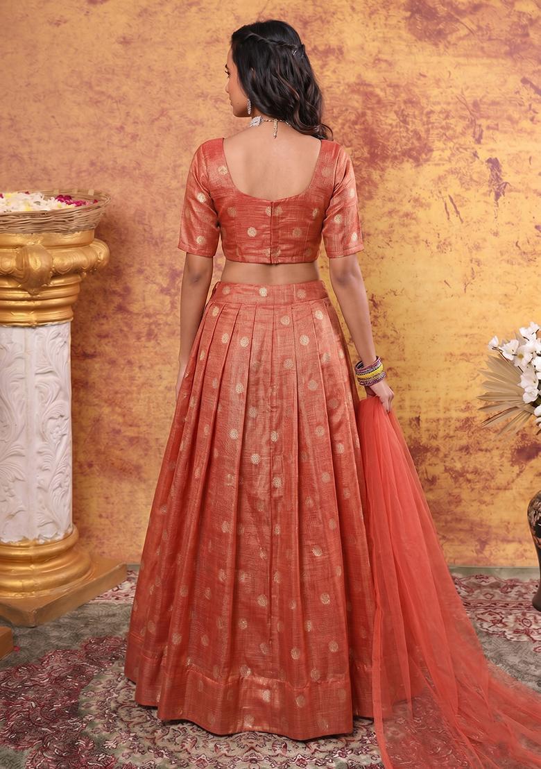 Coral Jacquard Brocade Lehenga Set - Indya