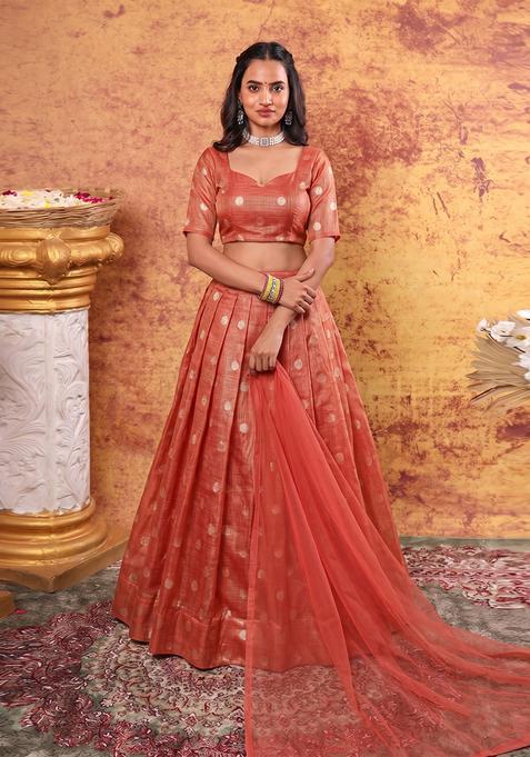 Coral Jacquard Brocade Lehenga Set