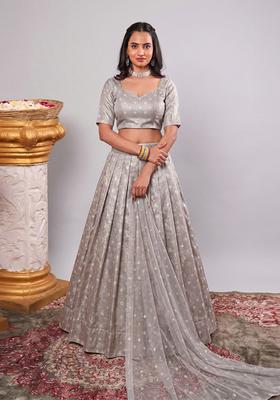 Grey Jacquard Brocade Lehenga Set