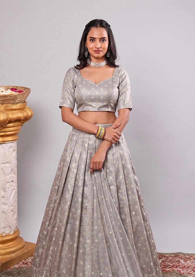 Grey Jacquard Brocade Lehenga Set - Indya