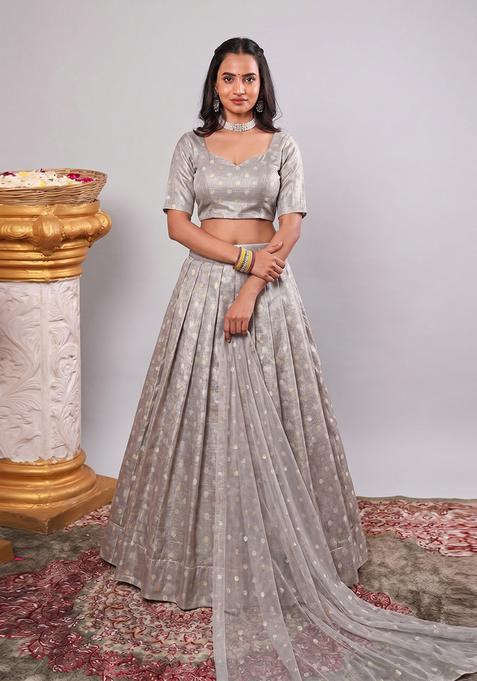Grey Chanderi Zari Work Lehenga Set