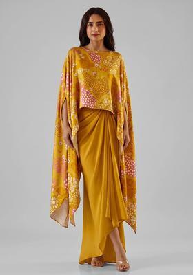 Mustard Printed Satin Fusion Set