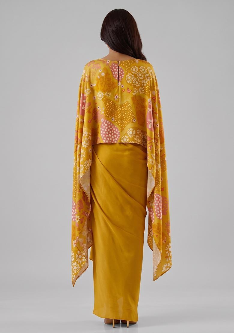 Mustard Printed Satin Fusion Set - Indya