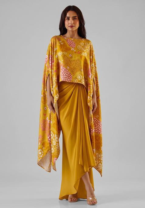 Mustard Silk Blend Floral Print Fusion Set