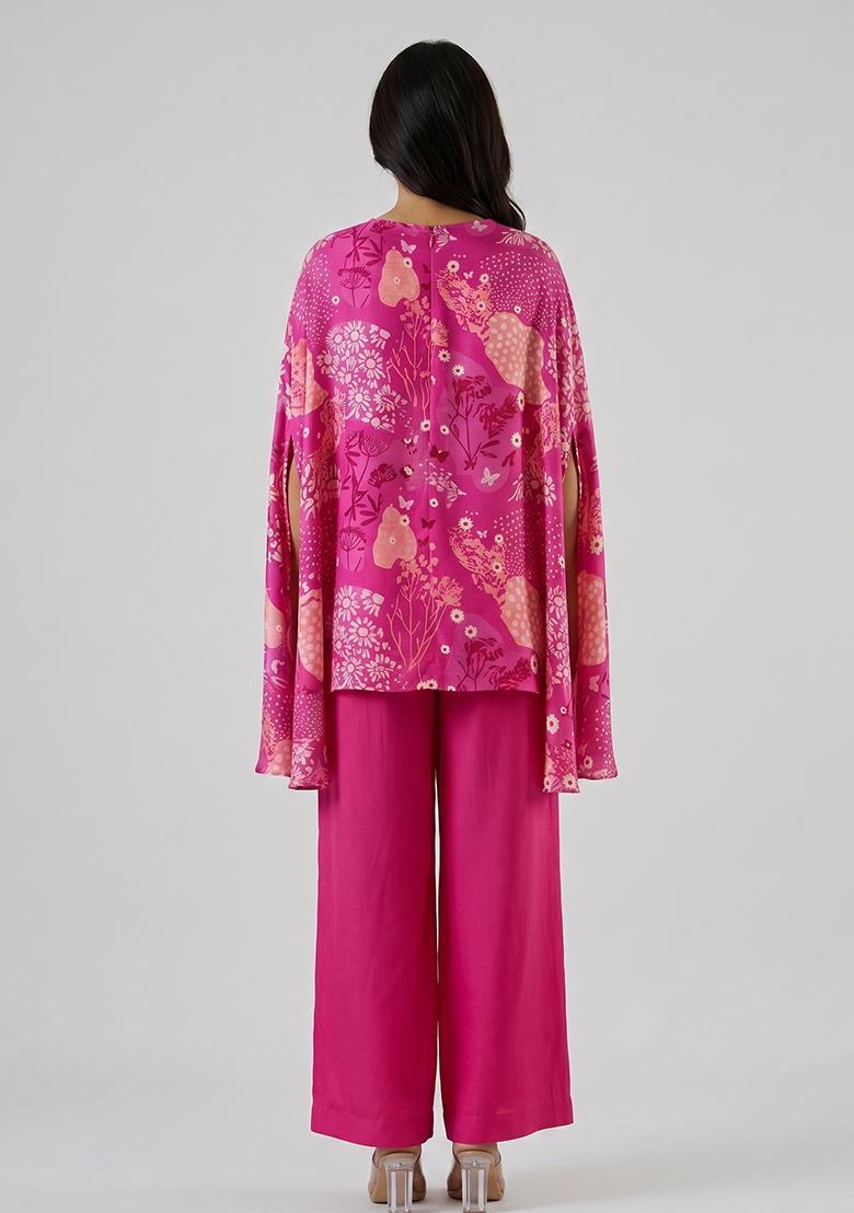 Rani Pink Printed Satin Fusion Set - Indya