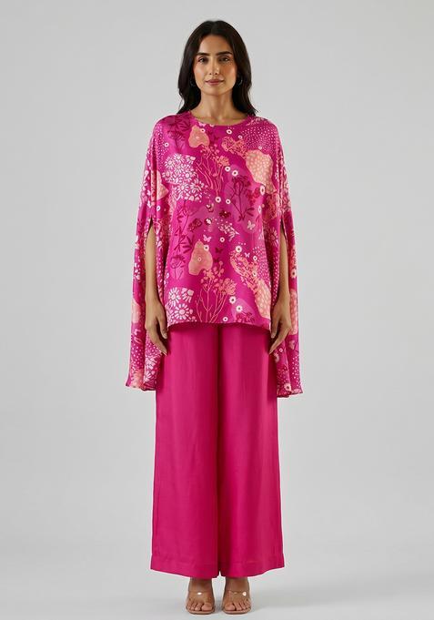 Rani Pink Printed Satin Fusion Set