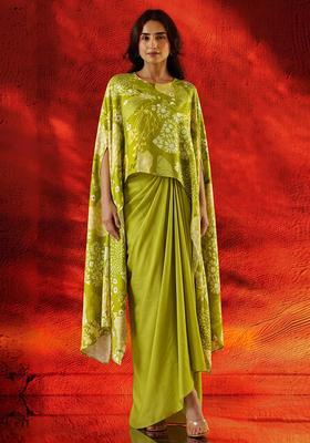 Olive Green Printed Satin Fusion Set
