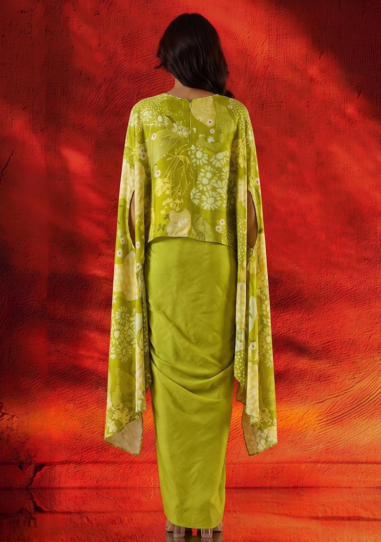 Olive Green Printed Satin Fusion Set - Indya