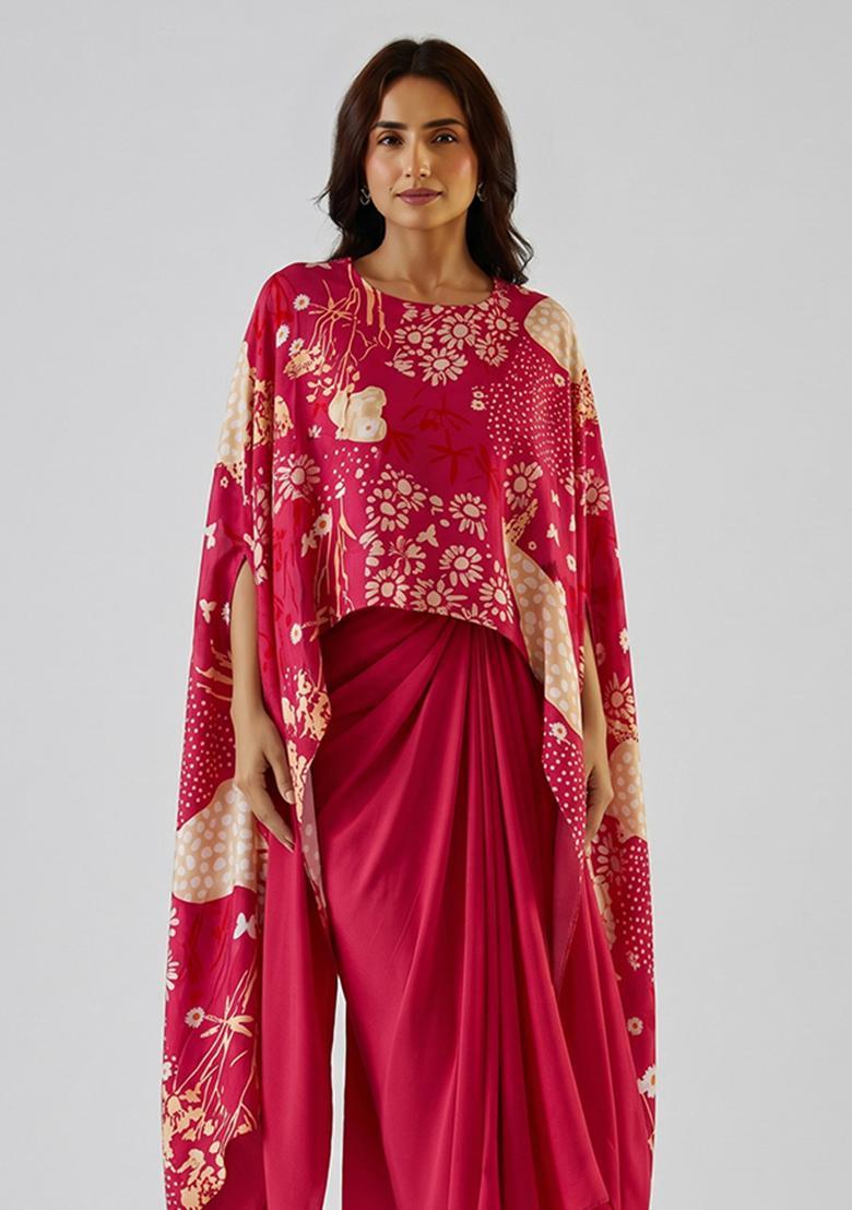 Rani Pink Printed Satin Fusion Set - Indya
