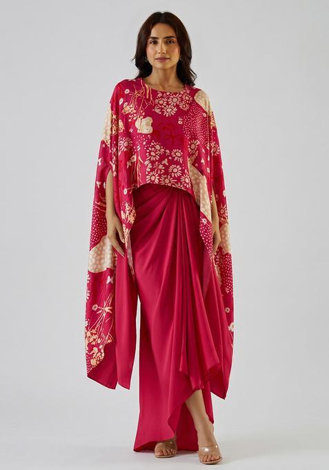 Rani Pink Printed Satin Fusion Set