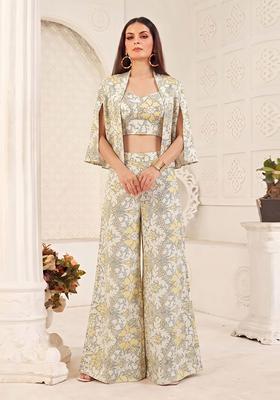 Beige Printed Silk Fusion Set
