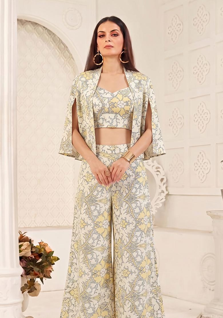 Beige Printed Silk Fusion Set - Indya