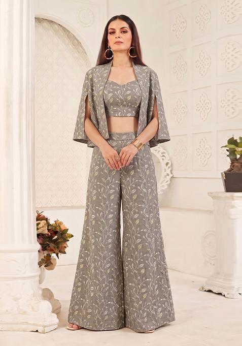 Charcoal Grey Silk Blend Embroidered Fusion Set