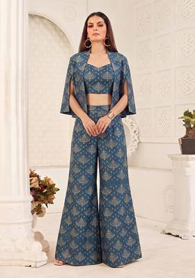 Teal Blue Printed Poly Blend Fusion Set