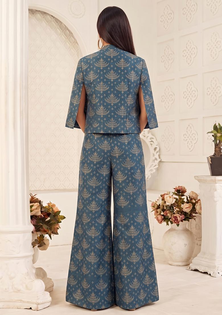 Teal Blue Printed Poly Blend Fusion Set - Indya