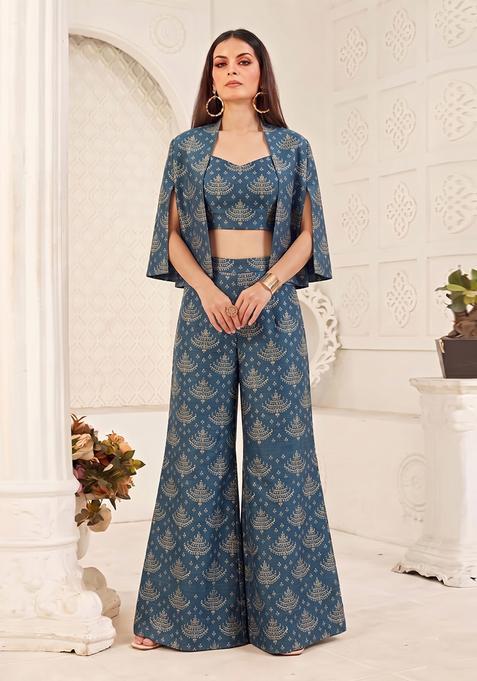 Teal Blue Printed Poly Blend Fusion Set