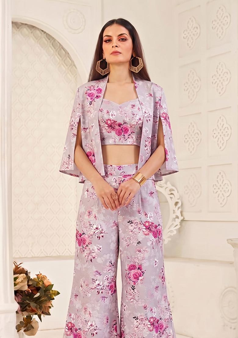 Lilac Printed Silk Fusion Set - Indya