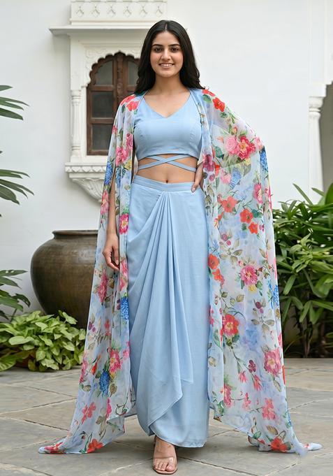 Sky Blue Printed Chiffon Fusion Set