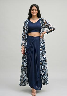 Navy Blue Printed Chiffon Fusion Set