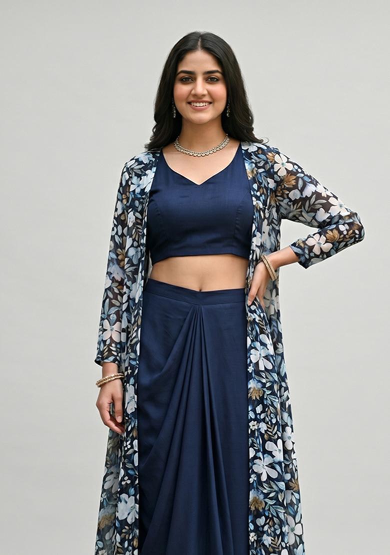 Navy Blue Printed Chiffon Fusion Set - Indya