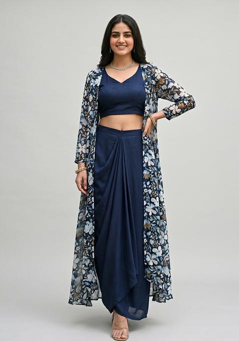 Navy Blue Printed Chiffon Fusion Set