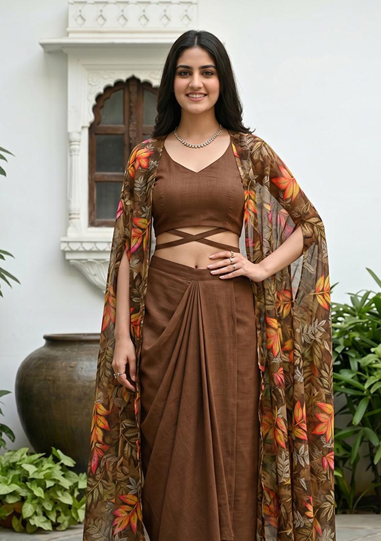 Chocolate Brown Silk Printed Chiffon Fusion Set - Indya