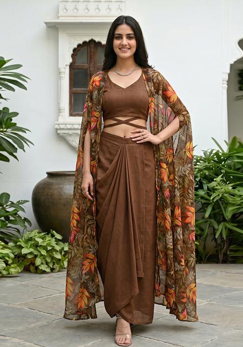 Chocolate Brown Silk Printed Chiffon Fusion Set
