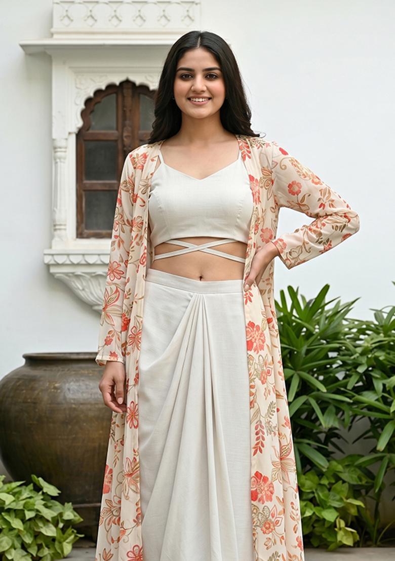 Cream Printed Chiffon Fusion Set - Indya