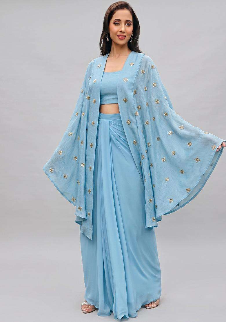 Sky Blue Embellished Georgette Fusion Set for Diwali and Festive Wear - Indya