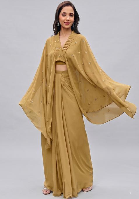 Golden Embellished Georgette Fusion Set