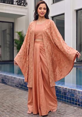 Peach Sequin Georgette Fusion Set