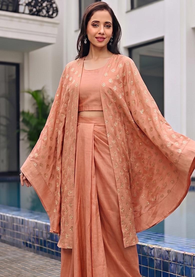 Peach Sequin Georgette Fusion Set - Indya
