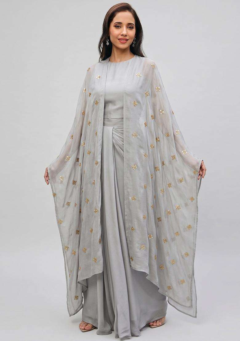 Ash Grey Embellished Georgette Fusion Set for Diwali and Festive Wear - Indya