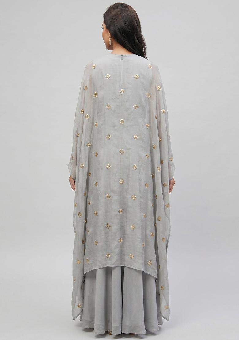 Ash Grey Embellished Georgette Fusion Set - Indya
