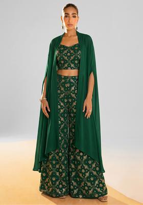 Dark Green Sequin Georgette Fusion Set
