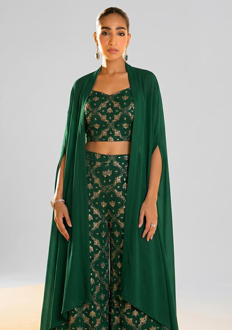 Dark Green Sequin Georgette Fusion Set - Indya