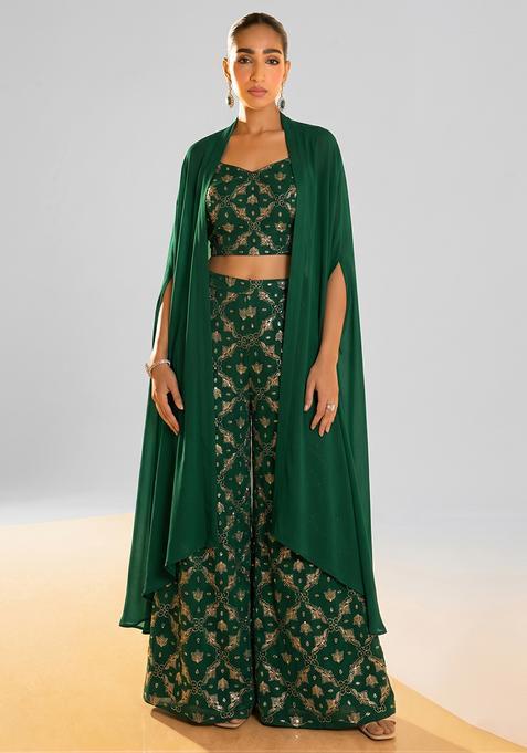 Dark Green Georgette Sequin Work Fusion Set