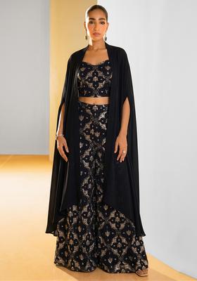 Charcoal Black Sequin Georgette Fusion Set