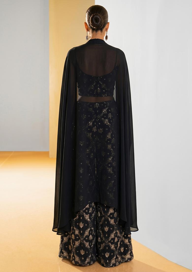 Charcoal Black Sequin Georgette Fusion Set - Indya