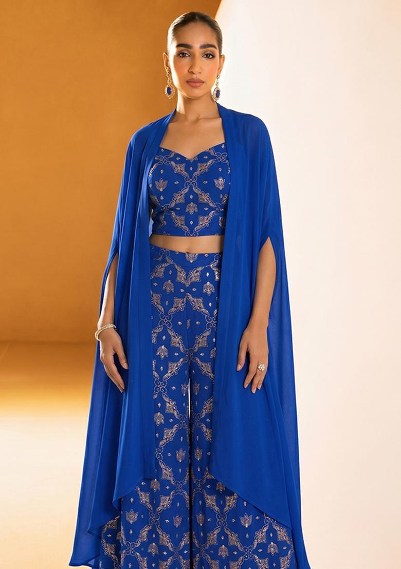 Cobalt Blue Sequin Georgette Fusion Set - Indya