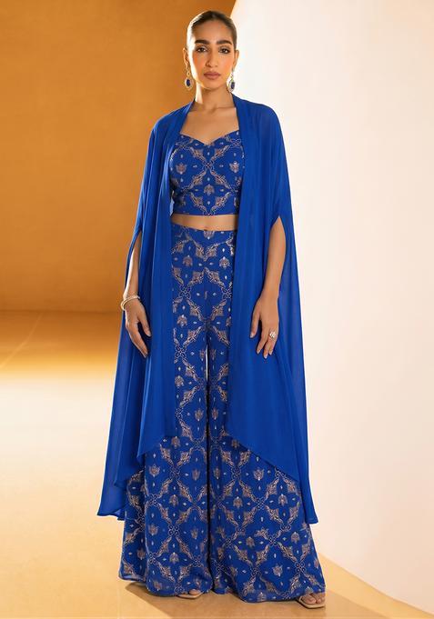Cobalt Blue Georgette Sequin Work Fusion Set
