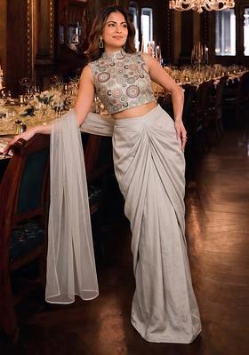 Steel Grey Embroidered Georgette Fusion Set